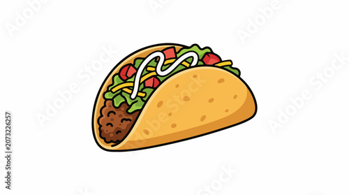 A cartoon-style taco with ground beef lettuce tomatoes cheese and sour cream