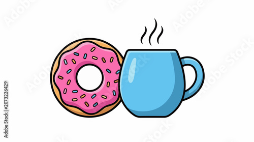 A cartoon-style illustration of a pink frosted donut with sprinkles next to a steaming blue mug