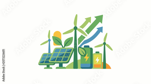 Renewable energy sources with solar panels wind turbines and battery storage