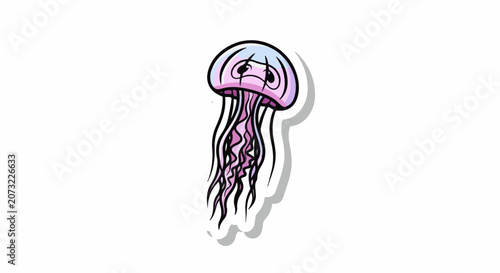 A cartoonish pink jellyfish with a bell-shaped body and long tentacles