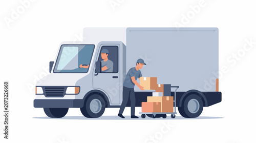 Two delivery workers interacting with a white delivery truck and packages