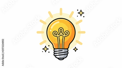 A cartoon lightbulb with a yellow glow and gray base surrounded by a sunburst and sparkles