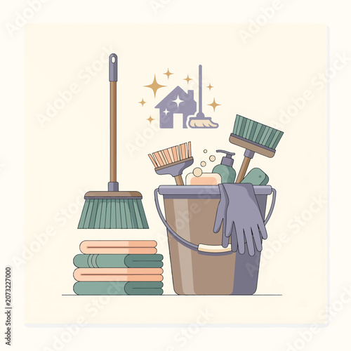 Tableau sur toile Cleaning supplies and household items.