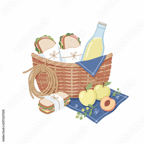 Picnic basket with sandwiches and fruit.