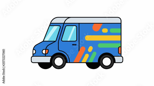 A blue van with multicolored accents and a white roof on a white background