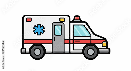 A cartoon ambulance with a red stripe blue star and lights on top