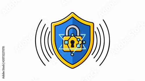 A blue shield with a gold border and a lock on it