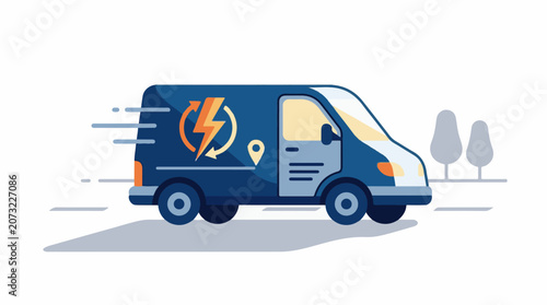 A blue delivery van with a lightning bolt logo drives on a road