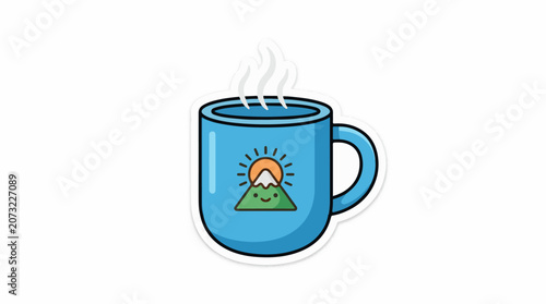 A blue coffee mug with a mountain and sun design emitting steam