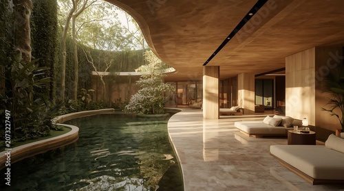 Luxurious resort with a natural pool and lush jungle surroundings.