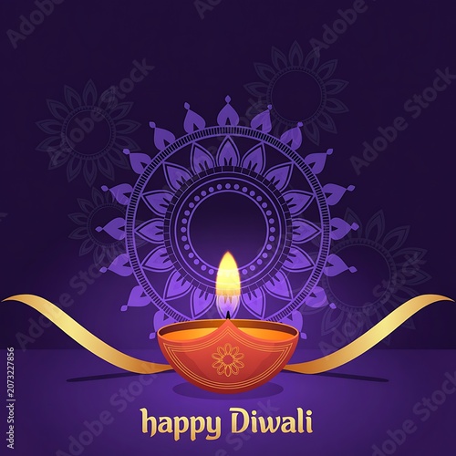 Happy diwali greeting card with a traditional lit diya lamp and mandala design