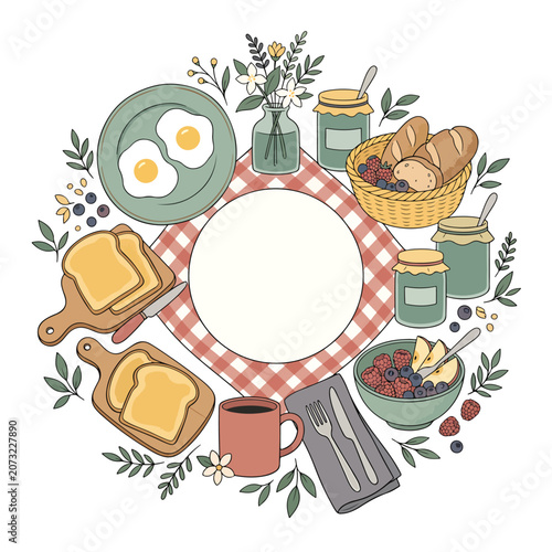 Breakfast foods and table setting illustration.