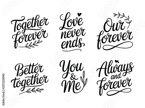 Foto A collection of six romantic handlettered calligraphy phrases expressing love an