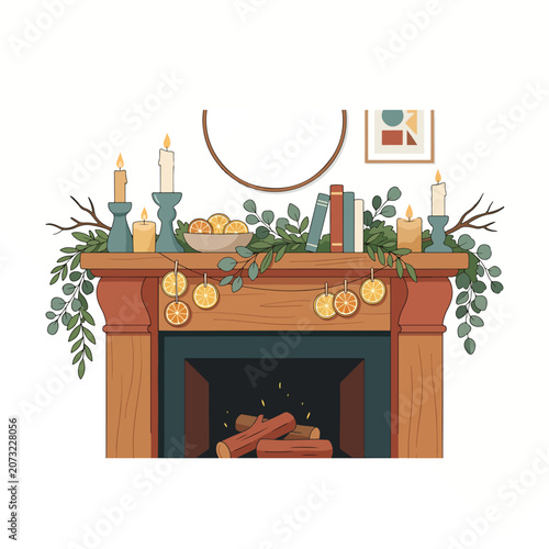 Christmas fireplace mantel with decorations.