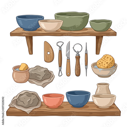 Colorful ceramic kitchen bowls and utensils.
