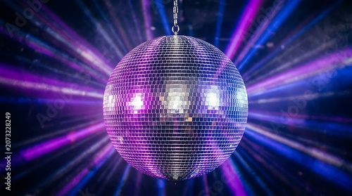 Shiny disco ball reflecting colorful purple and blue laser light beams in a dark club