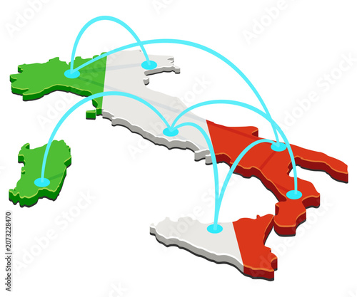 Isometric map of Italy textured with the national flag, representing decentralized logistics, domestic trade, data transfer, and digital telecommunication connectivity (cut out).