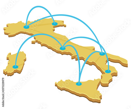 Isometric golden map of Italy representing decentralized logistics, domestic trade, data transfer, distribution hub, and telecommunication connectivity network (cut out).