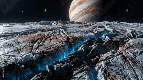 Icy cracked surface of Europa moon with Jupiter planet