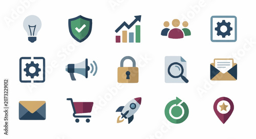 Colorful flat design icons for business and technology concepts.