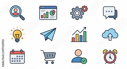 Colorful flat design icons for business and technology concepts.