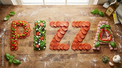 Pizza word spelled with fresh food ingredients on a rustic wooden kitchen table background
