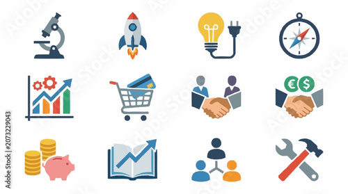 Colorful flat icons for business and science concepts.