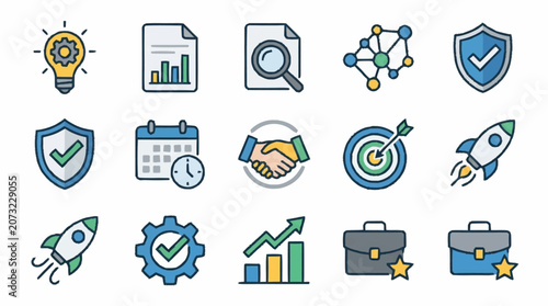 Colorful flat design icons for business and technology concepts.
