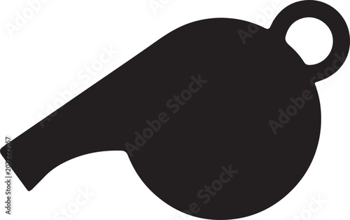 Minimalist whistle silhouette icon, black sports whistle vector graphic, referee and coach equipment symbol for athletic competition and safety