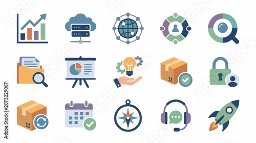 Colorful flat design icons for business and technology concepts.