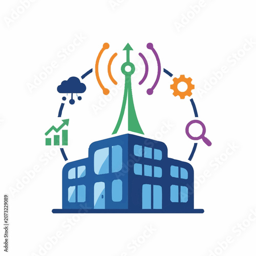 Modern office building with technology and business icons.