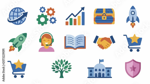 Colorful flat design icons for business and technology.