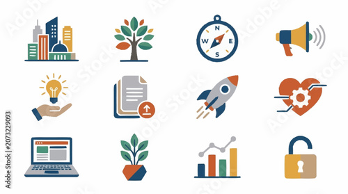 Colorful flat design icons for business and technology concepts.