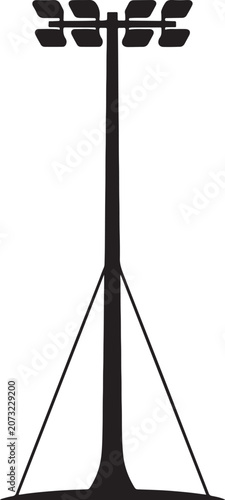 Stadium floodlight silhouette vector, tall sports field lighting tower icon, outdoor arena lamp post illustration for athletic events