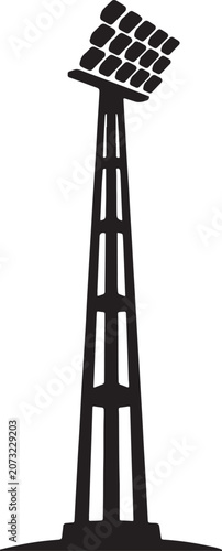 Stadium floodlight tower vector icon, black silhouette of sports arena lighting mast, stadium spotlight pole for football and soccer field