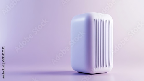 Minimalist white purifier device sitting on solid pastel purple background surface