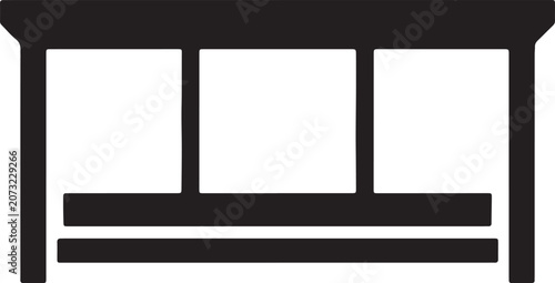 Minimalist bus stop icon vector, black silhouette of a public transport shelter, urban transit station symbol for city wayfinding and maps