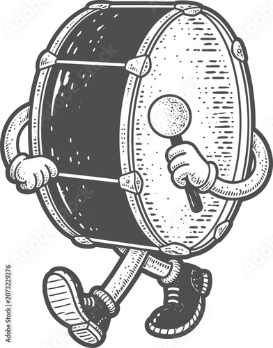 Fotografía Walking Bass Drum Character Vintage Engraving Illustration – Marching Band Music