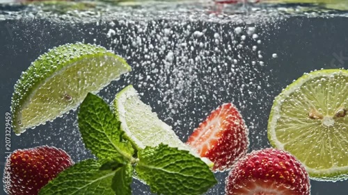 Strawberries, lime slices, and fresh mint leaves submerge in carbonated water, creating vibrant bubbles and a refreshing visual experience that captures the essence of a healthy summer beverage.