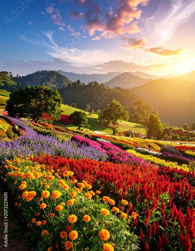 Vibrant Flower Field at Sunset in Mountains.