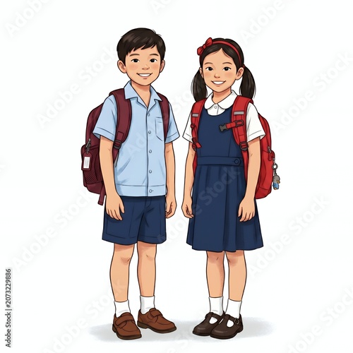 Illustration of two happy Asian school children in uniform wearing backpacks standing together on white background for education concept