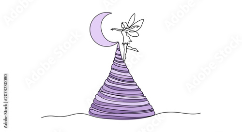 Foto Whimsical fairy with wings on a purple crescent moon atop a striped cone, fantas