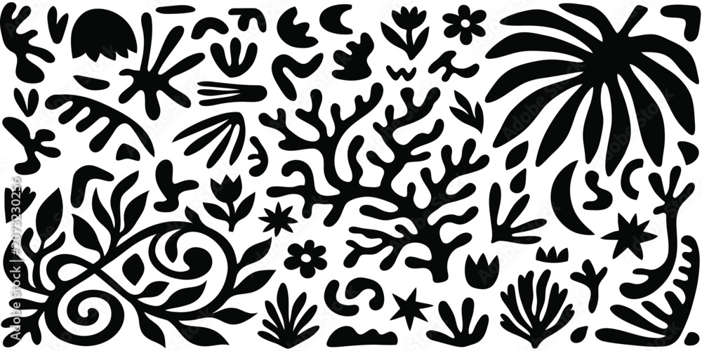 Fototapeta premium Abstract Black and White Organic Botanical Shapes Collection for Modern Minimalist Graphic Design Backgrounds and Decorative Surface Pattern Elements