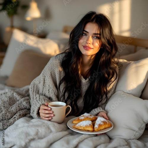 Breakfast in bed scene with pastries and coffee, lifestyle branding