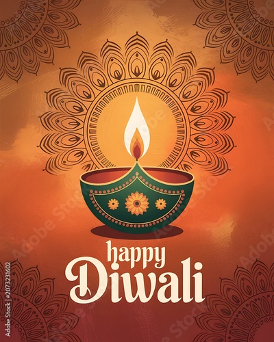 Happy diwali greeting card with traditional oil lamp diya and mandala pattern