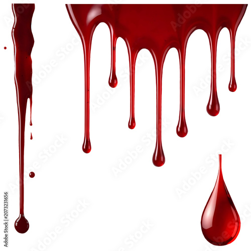 Running Blood Drips Set – Long Drip, Single Drop and Wide Seven-Stream Blood Flow Isolated on Transparent Background PNG
