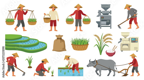 Tableau sur toile Rice farming illustrations with farmers fields and processing equipment