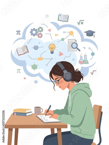 Student Wearing Headphones Studying with Knowledge Cloud and Educational Icons