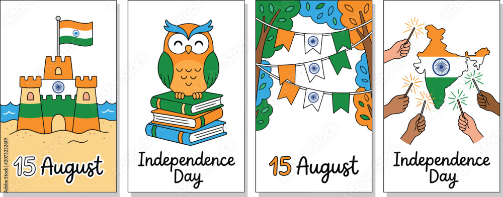 Obraz premium India Independence Day 15 August Card Set with Sand Castle Owl on Books Flag Bunting and Firework Sparkler India Map Illustration