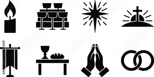 Christian Faith and Worship Icons Set with Prayer Communion Cross and Marriage Symbols